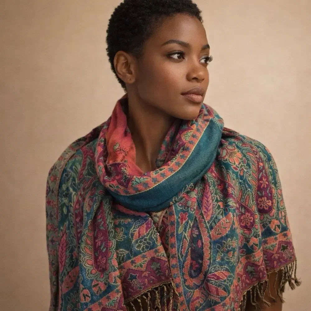 Pashmina Silk Luxurious Bohemian Whimsy Scarf Wrap Paisley Fringe 67x24”